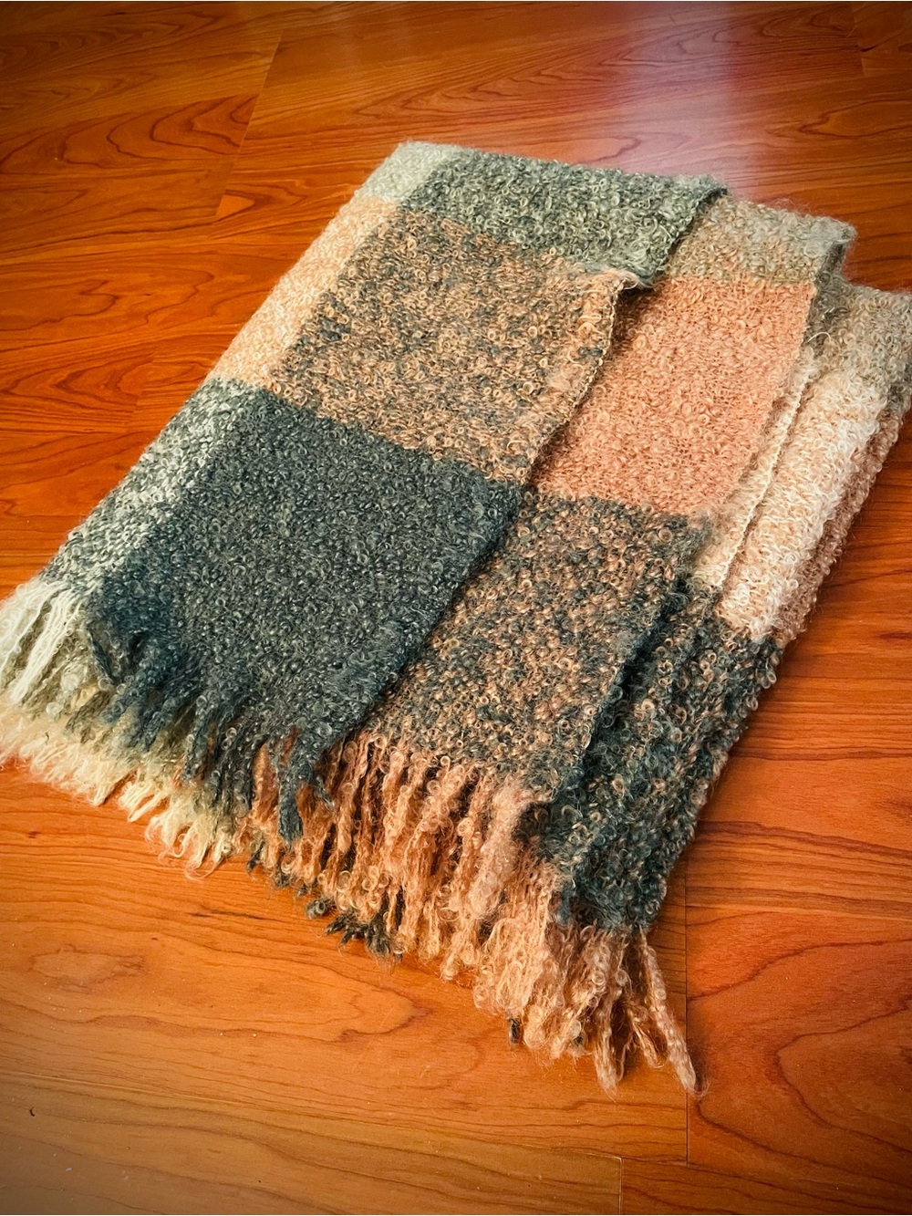 Avoca Plaid Throw 70% Mohair & Wool Ireland Earthy Green/Salmon/Cream 54 X 34